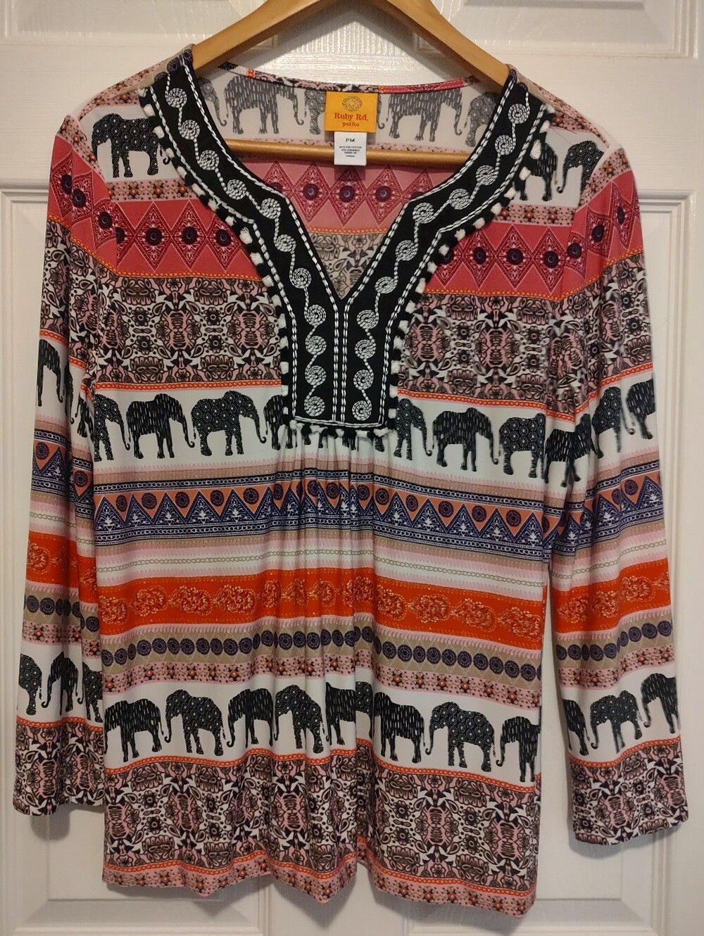 Ruby Rd. Multicolor Elephant-Striped Peasant Tunic — Orange, Black, Blue
